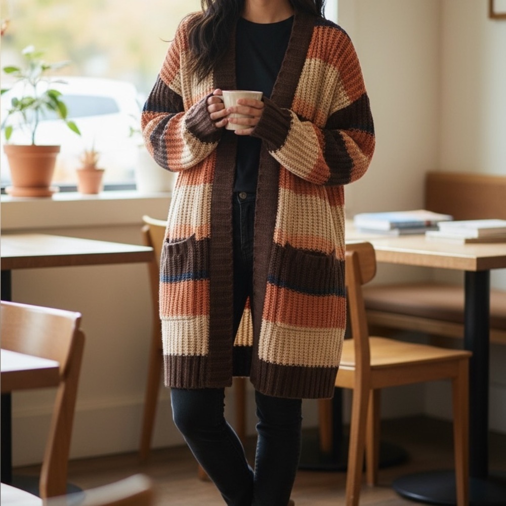 American Eagle Womens Color Block Brown Striped Knit Sweater Cardigan XS/Small